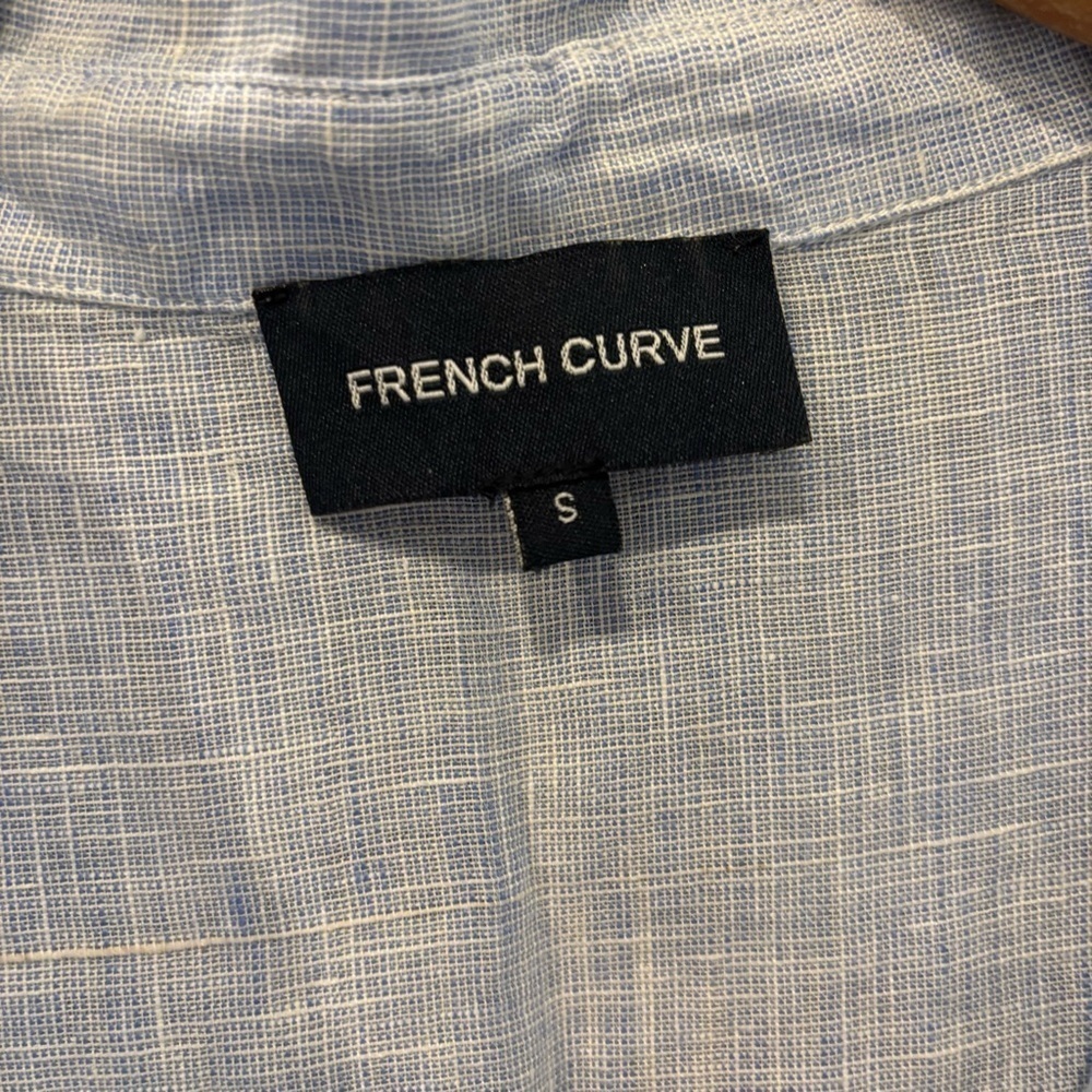 French Curve Linen shirt dress Small Tunic Cover up Blue Long Roll Tab Sleeves - Picture 4 of 12